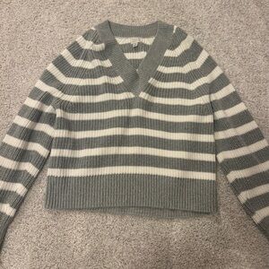a new day Gray and White Striped V-Neck Sweater